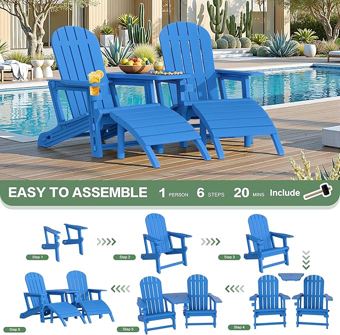 JY QAQA Outdoor Adirondack Chair Set of 2 with Detachable Table & Ottoman, All-Weather HDPE Patio Furniture with Wood Texture & Cup Holder for Patio, Poolside, Garden, Blue