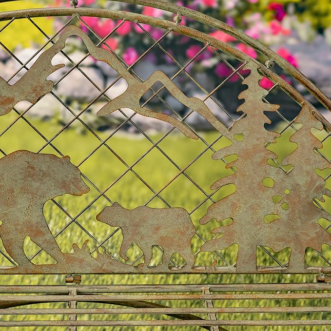 Classic Iron Garden Bench with Nature Scenery (Grizzly Bear & Mountain in Green)