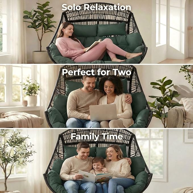 IRONCK 2 Person Egg Chair Indoor Outdoor, Double Lounge Chair, Update Frame, Cushions and Headrests, 700 lbs Egg Loveseat for Garden, Porch, Living Room, Dark Green