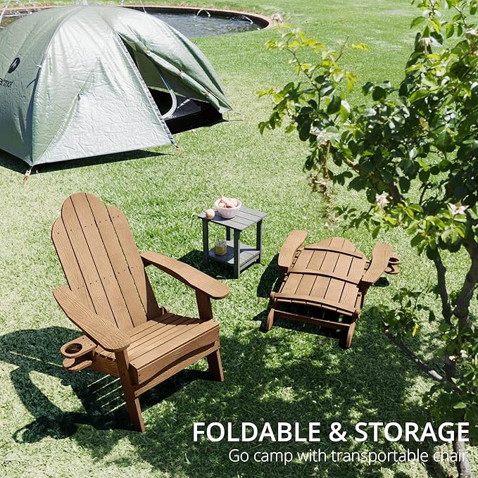 LUE BONA Folding Adirondack Chair Set of 2, HDPS Weather Resistant Patio Chair, 350lbs Heavy Duty, One-Step Folding for Balcony Garden, Wood Grain Texture, Outdoor Fire Pit Seating, Brown