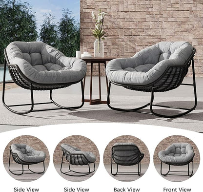 Outdoor Rocking Chair Set of 2, Patio Wicker Egg Chair, Indoor & Outdoor Double Papasan Chair with Padded Cushion, Royal Rattan Rocker for Front Porch, Garden, Patio (Light Grey)