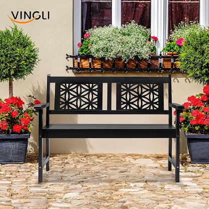 VINGLI 47" Outdoor Wood Bench, All Weather Outdoor Wooden Patio Garden Bench, Outside Loveseat 660lbs Capacity for Front Porch Park Entryway (Black)