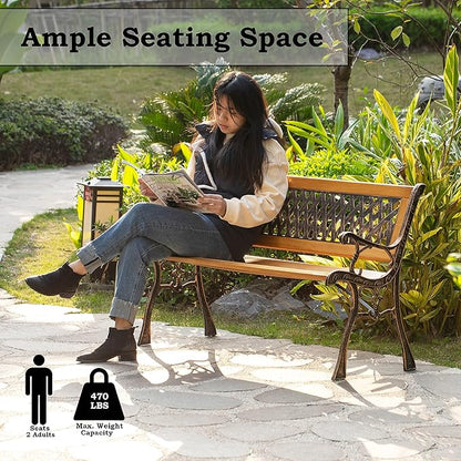 Gardenised QI003462L Outdoor Classical Wooden Slated Park Bench, Steel Frame Seating Bench for Yard, Patio, Garden, Balcony, and Deck