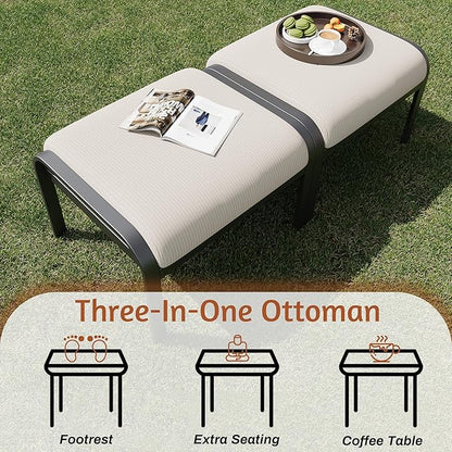 HOMREST Metal Outdoor Ottoman, 3-Piece Aluminum Footstool w/Removable Cushion, Multipurpose Footrest Stool with Coffee Side Table Additional Seating, Set of 3 Outdoor Ottomans for Patio Deck (Beige)