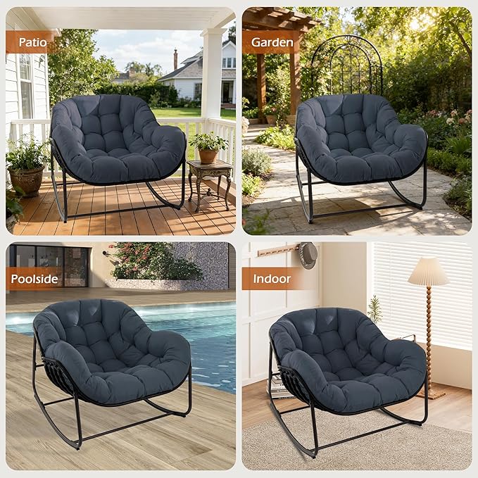 Papasan Rocking Chair Indoor & Outdoor, Oversized Egg-Shaped Papasan Rocker with Cushion & Pillow, All-Weather Wicker Patio Lounge Chair for Garden, Porch, Living Room (Dark Blue)