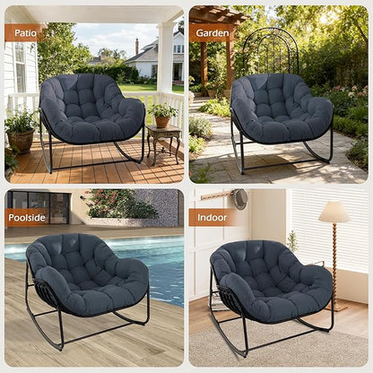 Papasan Rocking Chair Indoor & Outdoor, Oversized Egg-Shaped Papasan Rocker with Cushion & Pillow, All-Weather Wicker Patio Lounge Chair for Garden, Porch, Living Room (Dark Blue)