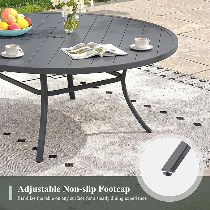 Outdoor Dining Table for 8, 53" Round Outdoor Table with Adjustable Umbrella Hole, All-Weather Metal Patio Dining Table for Lawn Garden Backyard Deck, Dark Grey