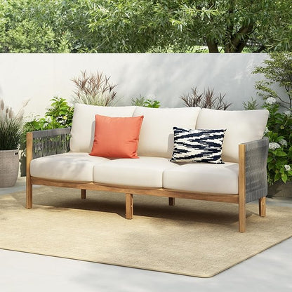 Christopher Knight Home Havets 77"W Outdoor 3 Seater Sofa, 6" Thick Cushion Couch, Acacia Wood Bench Sofa, Comfy Woven Rope Armchair, Spacious Seating Bench Couch for Backyard Garden Porch, Gray+Beige