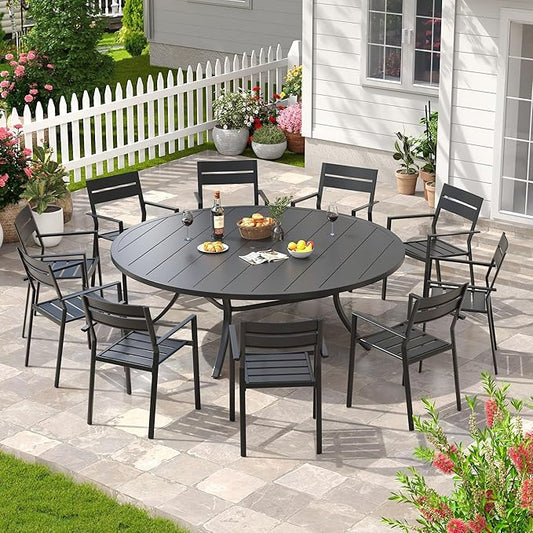 Patio Dining Table for 8-10, Round Metal Outdoor Table with 1.57" Umbrella Hole, 63" Outdoor Slat Tabletop Dining Table for Backyard, Porch, Lawn, Black