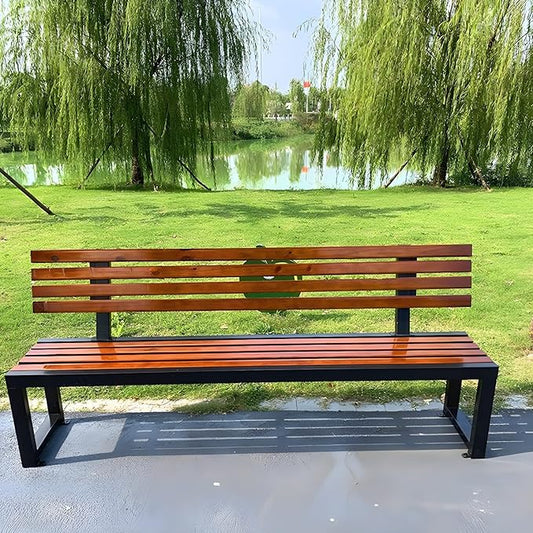 LITFAD Mid-Century Metal Park Bench in Black with Waterproof Wood Seating Gym Rest Bench Patio Bench for Outdoor Use - 87" L x 16" W x 33" H