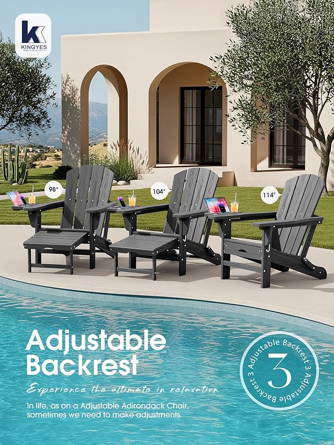 KINGYES Adjustable Folding Adirondack Chair with Footrest & 4-in-1 Multi-Functional Armrest Organizer, HDPE Recliner Adirondack Chair with Pull-Out Ottoman, Gray