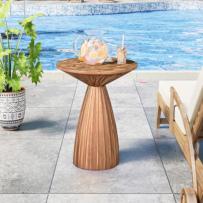 Metal Small Patio Table, Round Outdoor Side Table, Wood Color Outdoor Accent Patio End Table, for Garden, Pool, Deck, Balcony, Yard, Living Room, Weather Resistant, No Assembly