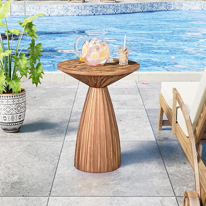 Metal Small Patio Table, Round Outdoor Side Table, Wood Color Outdoor Accent Patio End Table, for Garden, Pool, Deck, Balcony, Yard, Living Room, Weather Resistant, No Assembly
