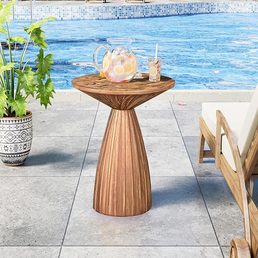 Metal Small Patio Table, Round Outdoor Side Table, Wood Color Outdoor Accent Patio End Table, for Garden, Pool, Deck, Balcony, Yard, Living Room, Weather Resistant, No Assembly