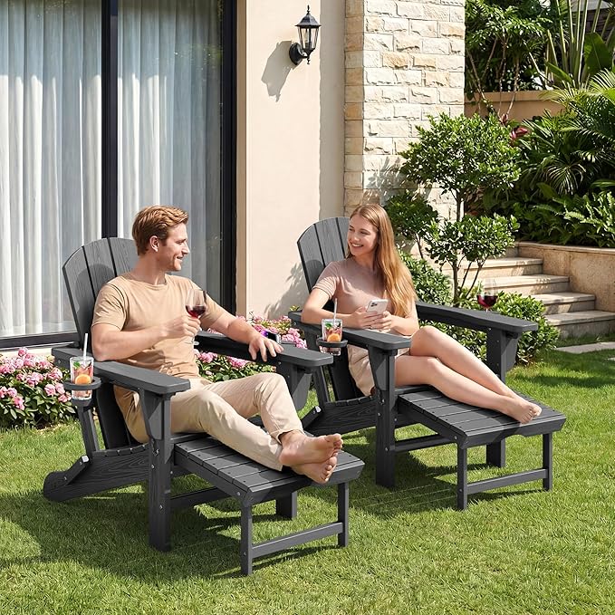 KINGYES Adjustable Folding Adirondack Chairs with Footrest & 2 Cup, HDPE Recliner Adirondack Chair with Ottoman, Grey - Photo 8