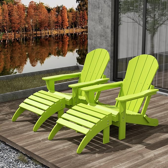 WestinTrends Malibu Outdoor Lounge Chair Set, 4-Pieces Adirondack Chair Set of 2 with Ottoman, All Weather Poly Lumber Patio Lawn Folding Chair for Outside Pool Beach, Lime