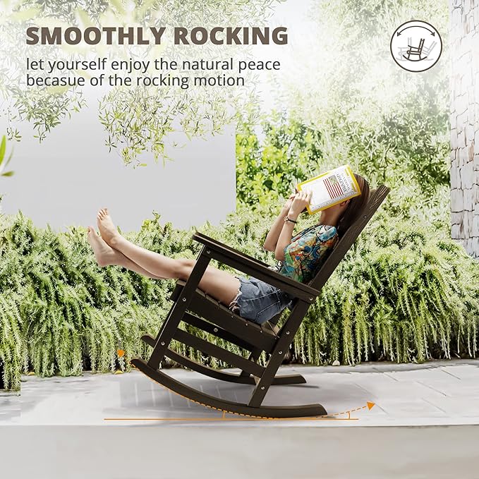 LUE BONA Outdoor Rocking Chairs Set of 4, Weather Resistant HDPS Poly Rocker Chairs, 350lb Heavy Duty, Oversized Porch Rocker for Adult, High Back Smooth Rocking for Outdoor & Indoor, Brown