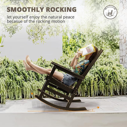 LUE BONA Outdoor Rocking Chairs Set of 4, Weather Resistant HDPS Poly Rocker Chairs, 350lb Heavy Duty, Oversized Porch Rocker for Adult, High Back Smooth Rocking for Outdoor & Indoor, Brown