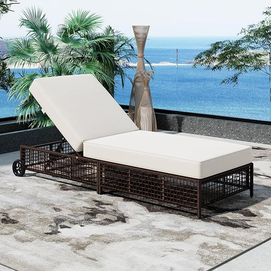 Sleek Outdoor Patio Chaise Lounge with 5-Position Adjustable Backrest, All-weather Rattan Lounge Chair Reclining with Cushion and Wheels for Porch Backyard Balcony Poolside Garden (Brown+Beige1)