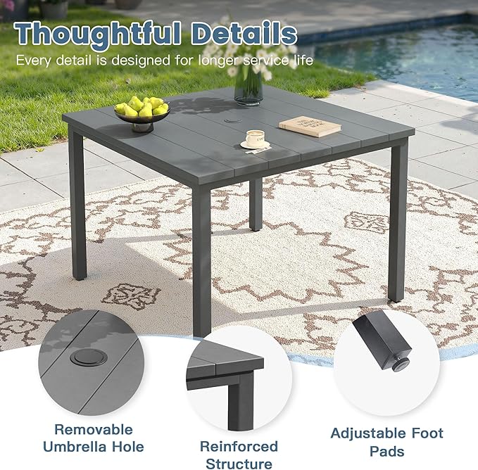 DIFY 40.2" Square Outdoor Dining Table for 4, Slatted Metal Patio Table with Adjustable Umbrella Hole - Photo 4