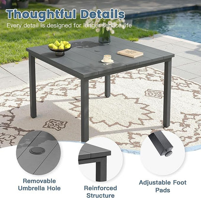 DIFY 40.2" Square Outdoor Dining Table for 4, Slatted Metal Patio Table with Adjustable Umbrella Hole, All-Weather Patio Dining Table for Garden Backyard Deck, Grey Tabletop
