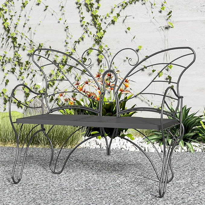 Outdoor Bench Patio Outdoor Garden Bench with Built-in Table, Butterfly Bench for Outside, 3 People Outdoor Bench Garden Bench Front Porch Furniture (Black, 49.2inch)