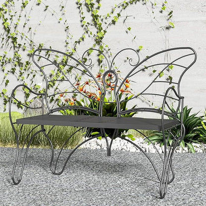 Outdoor Bench Patio Outdoor Garden Bench with Built-in Table, Butterfly Bench for Outside, 3 People Outdoor Bench Garden Bench Front Porch Furniture (Black, 49.2inch)