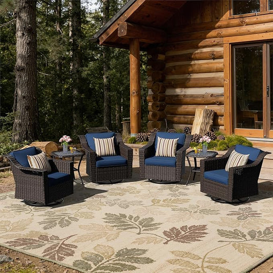 6 Pieces Patio Conversation Furniture Set - 4 Swivel Chairs, 2 Side Tables, Outdoor Wicker Furniture with Removable Cushions for Porch, Sunroom (Blue)