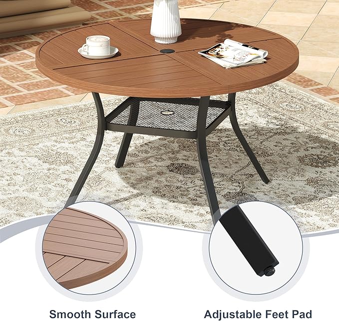 VICLLAX 47.2" Round Patio Dining Table for 4-6, All Weather Metal Outdoor Table with 1.57" Umbrella Hole and Storage Shelf for Garden Lawn Deck, Walnut