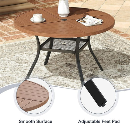 VICLLAX 40.6" Round Patio Dining Table for 4, All Weather Metal Outdoor Table with 1.57" Umbrella Hole and Storage Shelf for Garden Lawn Deck, Walnut