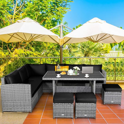 COSTWAY 7 PCS Wicker Outdoor Conversation Set, Patio Sectional Furniture Sofa Set with Table & Seat Cushions, Rattan Furniture Sets for Backyard Garden Poolside Porch, Black