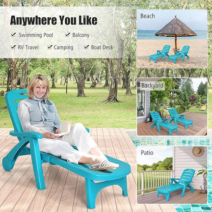 Moccha Folding Chaise Lounge Chair - Plastic Patio Lounger w/ 2 Rolling Wheels, 5-Adjustable Positions, Armrests, Outdoor Lounge Recliner for Poolside Yard Garden Sunbathing Beach Chair (2, Turquoise)