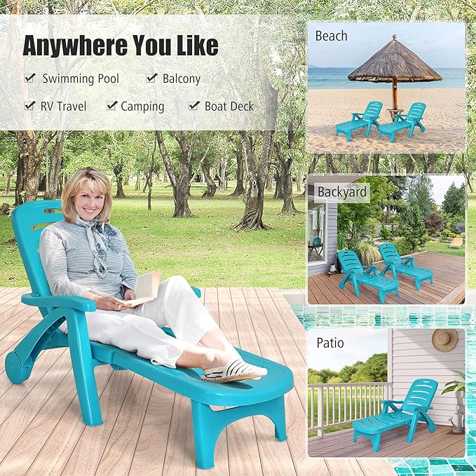 Giantex Patio Chaise Lounge Recliner on Wheels, Folding Deck Chair with Armrests, 5 Adjustable Positions for Poolside, Yard, Garden Rolling Outdoor Lounger Sunbathing Beach Chair(1, Turquoise)