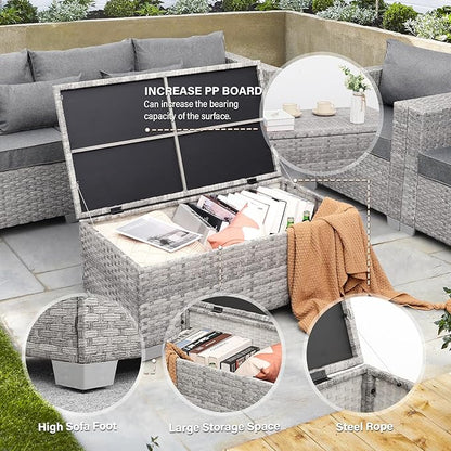 WAROOM Patio Coffee Table PE Wicker Ourdoor Storage Table, All Weather Resin Rattan Table with Storage for Garden Backyard Porch Poolside, Grey