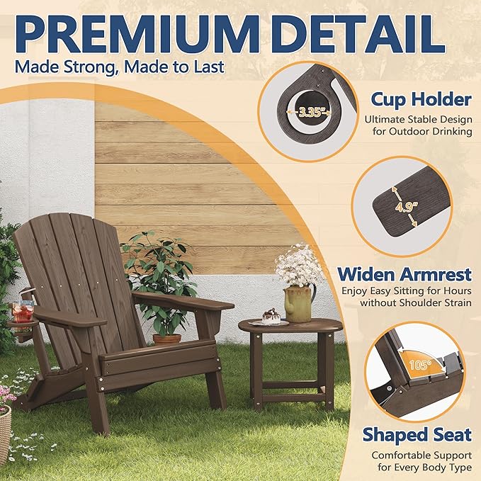 Folding Adirondack Chair with Cup Holder, HDPE All Weather Resistant Plastic Outdoor Patio Chairs with Footrest, Heavy Duty Fire Pit Seating for Backyard Lawn Garden, Wood Textured(Coffee)