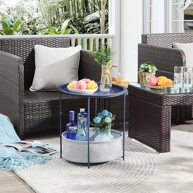 VECELO Round Side/End Table with Fabric Storage Basket，Metal Anti-Rust and Waterproof Small Bedside Nightstand with - Photo 7