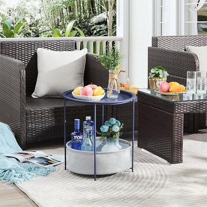 VECELO Round Side/End Table with Fabric Storage Basket，Metal Anti-Rust and Waterproof Small Bedside Nightstand with Removable Tray Top for Living Room，Balcony & Laundry，Blue /2pcs with Basket