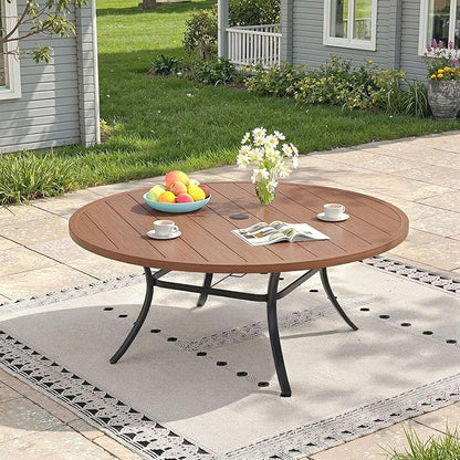 Outdoor Dining Table for 8, 60" Round Outdoor Table with Adjustable Umbrella Hole, All-Weather Metal Patio Dining Table for Lawn Garden Backyard Deck, Walnut