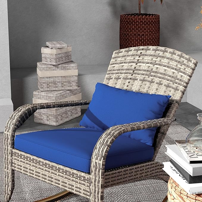 Outsunny Outdoor Wicker Adirondack Rocking Chair, Patio Rattan Rocker Chair with High Back, Seat Cushion, and Pillow for Garden, Porch, Balcony, Dark Blue