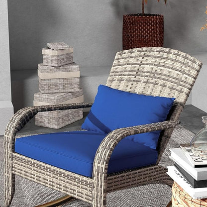 Outsunny Outdoor Wicker Adirondack Rocking Chair, Patio Rattan Rocker Chair with High Back, Seat Cushion, and Pillow for Garden, Porch, Balcony, Dark Blue