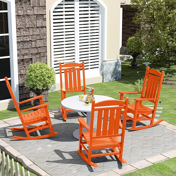 Costaelm Oversized Outdoor Rocking Chair, High Back Porch Rocker Chair, HDPE All Weather Resistant Outdoor Seating Furniture Wide Rocker Chair for Patio, Lawn, Garden, Orange