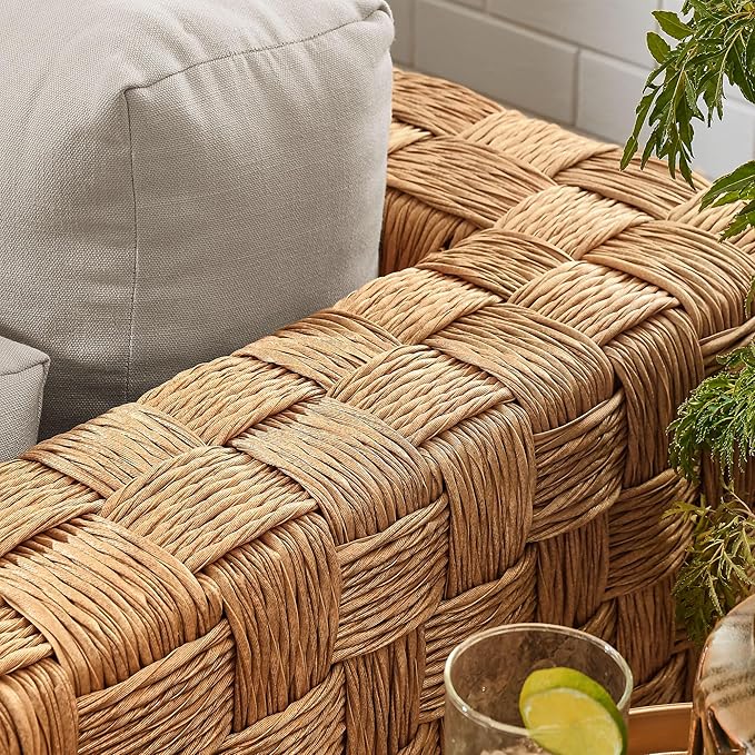 Modway Thames Wicker Rattan Outdoor Armchair - Natural Light Gray, UV-Resistant Deep-Seating Accent Chair with Cushion and Lumbar Pillow, Basket-Weave Patio Accent Chair for Backyard, Deck