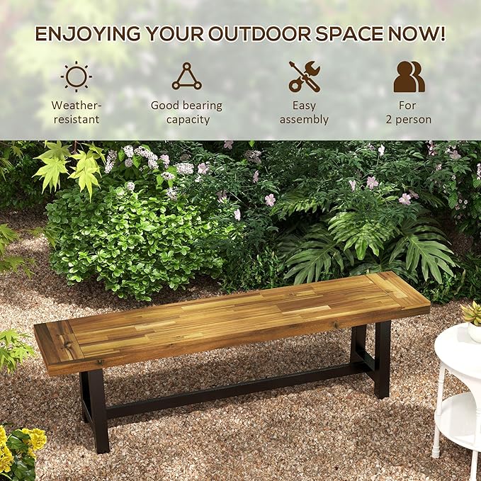 Wooden Outdoor Garden Bench, Park Bench with Acacia Wood Seat, Front Porch Bench with Metal Frame for Conservatory, Poolside, Deck, 63" x 14.25" x 18", Natural