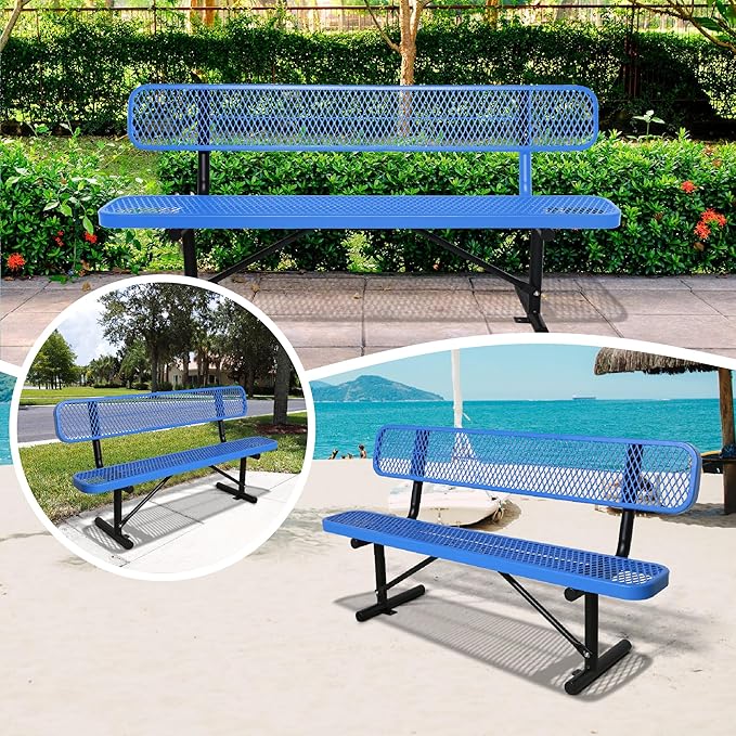 6FT Outdoor Metal Bench Park Benches for Outside, Blue Heavy Duty Long Steel Bench with Back, Commercial Garden Bench Expanded Metal Bench Seat for Lawn, Park, Deck, Garden, Patio, Porch