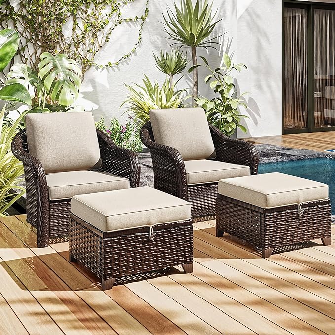 4 Pieces Patio Outdoor Conversation Furniture Set with Cushions, All-Weather Wicker Ottomans - Photo 7