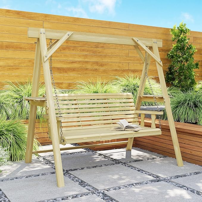Outsunny 3 Seat Porch Swing with Stand, Wooden Patio Swing Chair with Side Tables and Metal Chains - Photo 8