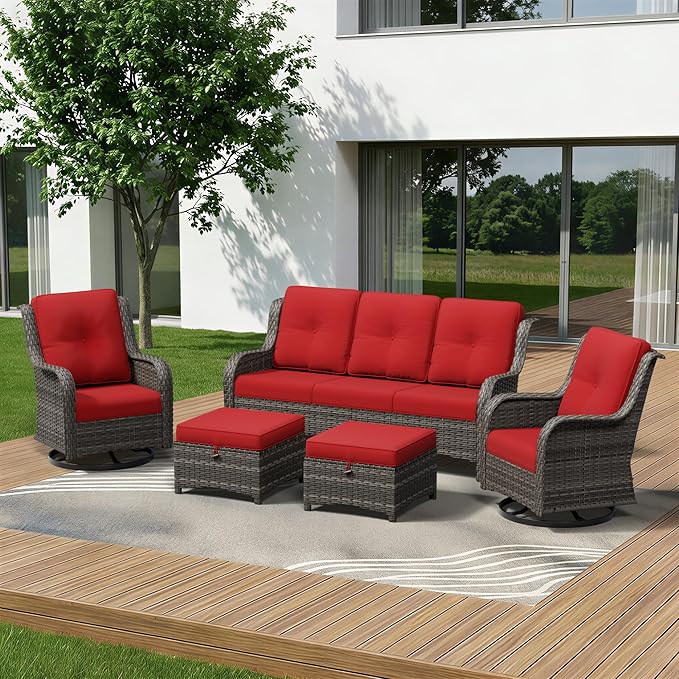 5 Piece Outdoor Wicker Patio Furniture Set, Outdoor Swivel Rocker Patio Chairs Set with Thickened Olefin Cushions - Photo 1