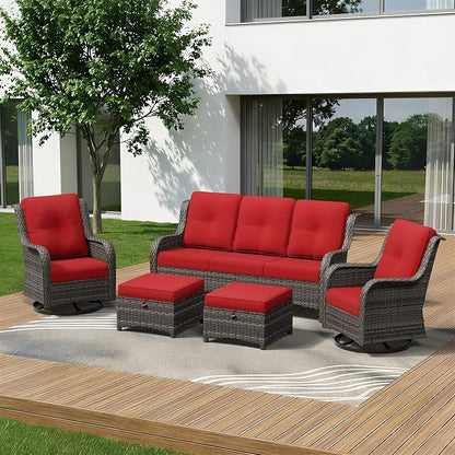 5 Piece Outdoor Wicker Patio Furniture Set, Outdoor Swivel Rocker Patio Chairs Set with Thickened Olefin Cushions, High Back and Deep Seating, Hand-Woven PE Rattan for Porch, Deck