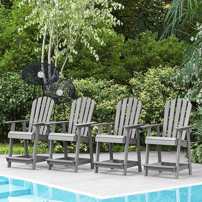 Tangkula Outdoor Bar Stool, HDPE Tall Adirondack Chair with Armrest & Footrest, Weather Resistant 47 Inch Counter Height Barstool Lifeguard Chair for Pool Deck Patio Garden, Balcony Chairs (4, Gray)