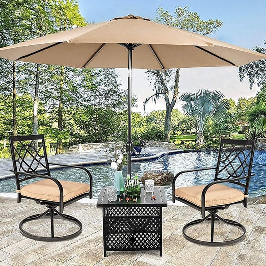 SUNCROWN 3 Pieces Outdoor Dining Swivel Chairs Set Metal Frame Patio Bistro Chairs with Brown Cushions and Patio Side Table for Garden, Backyard